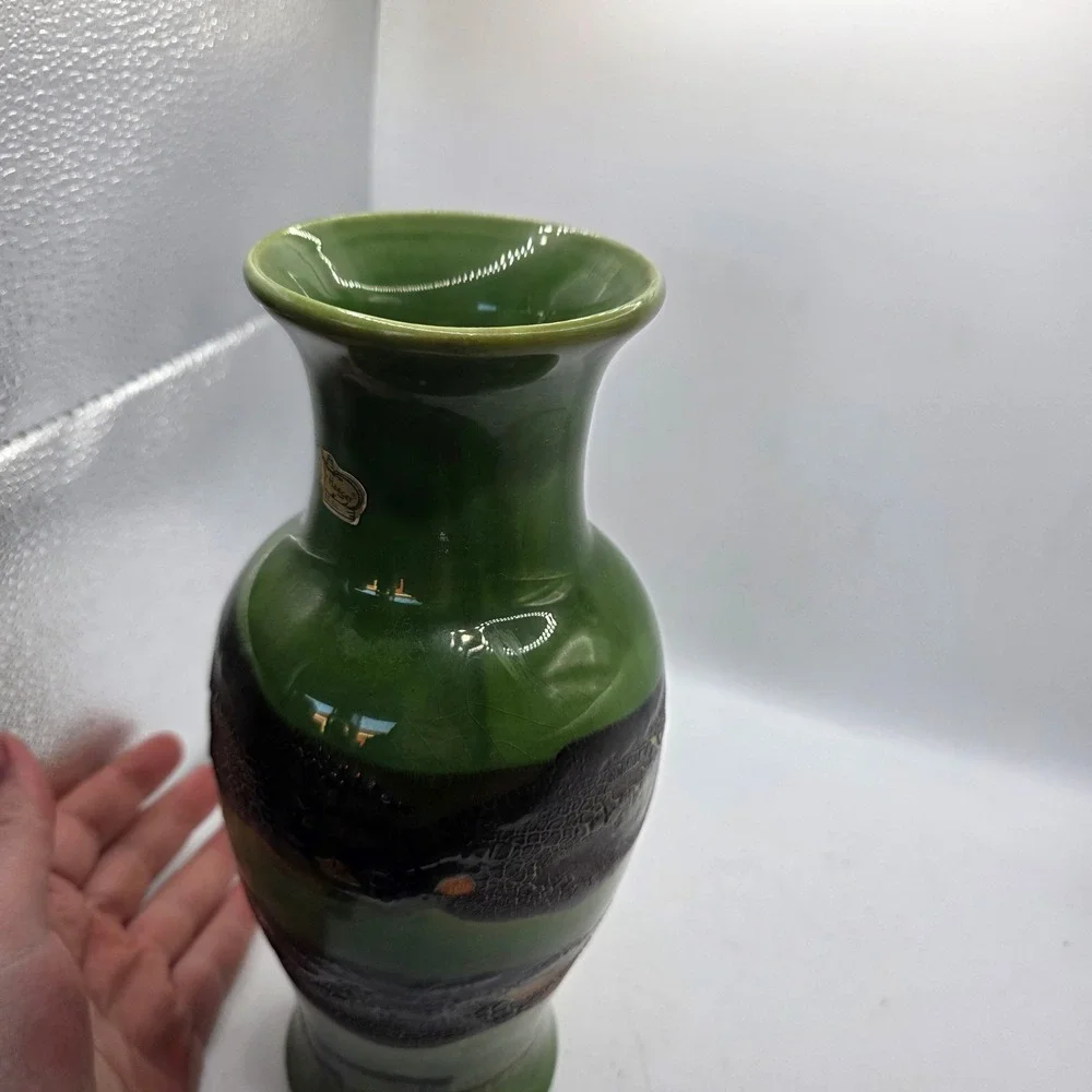 Vintage Haeger Pottery Vase Green Brown Orange Textured Glaze MCM Art Pottery